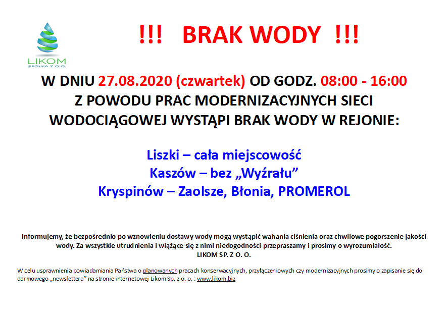 Modernizacja sieci wodociągowej - Liszki, Kaszów, Kryspinów (27.08.2020 r.)