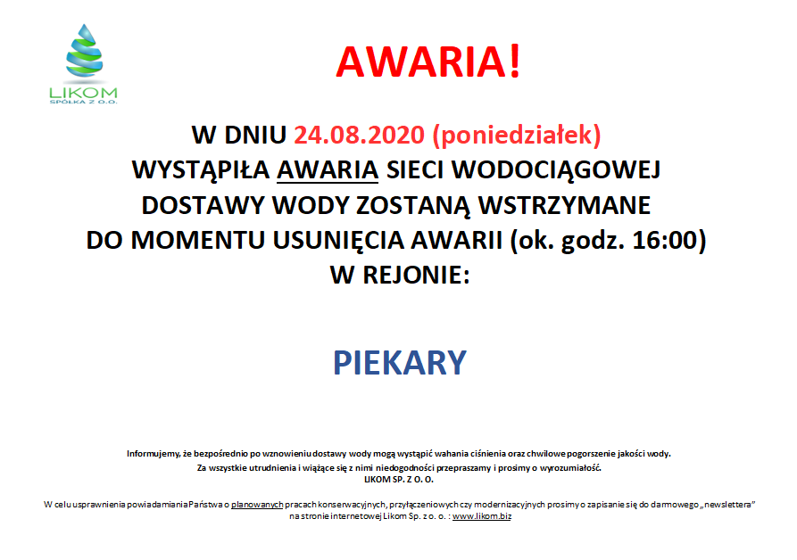 Awaria sieci wodociągowej w miejscowości Piekary (24.08.2020 r.)