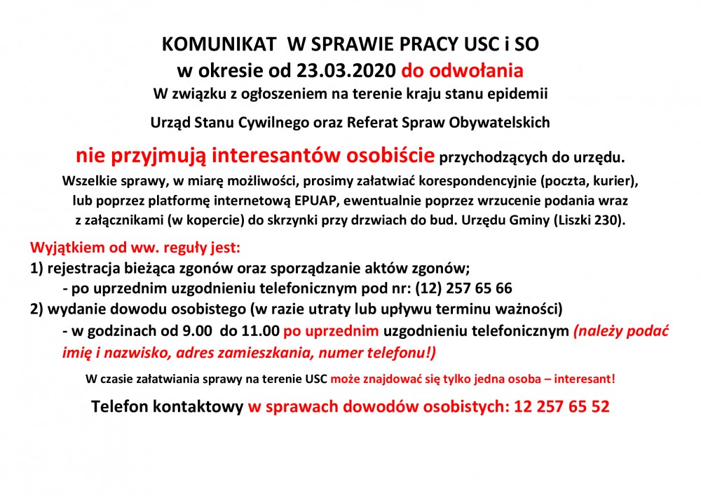 KOMUNIKAT W SPRAWIE PRACY USC i SO w okresie od 23.03.2020 do odwołania