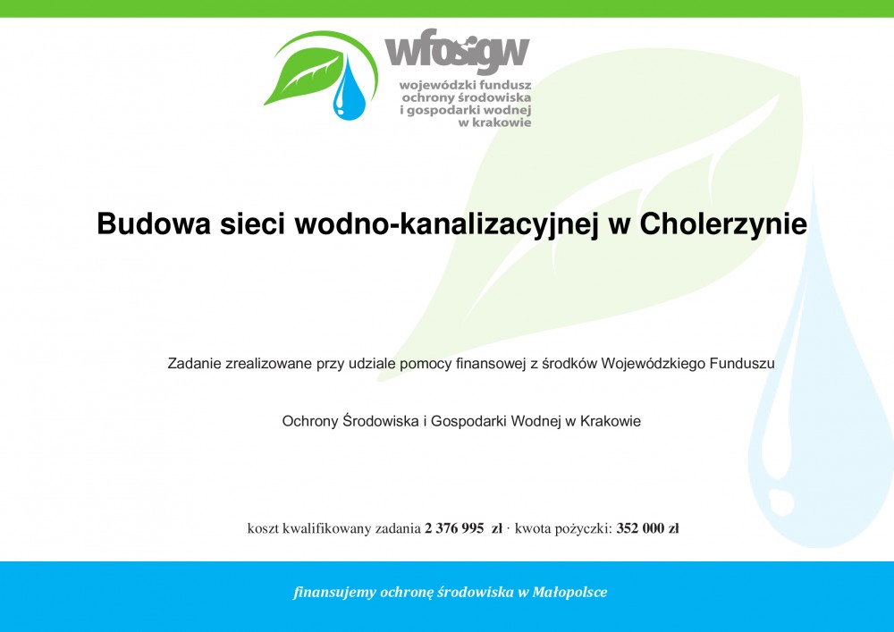 Zakończenie budowy sieci kanalizacji sanitarnej oraz wodociągu w Cholerzynie – Bory Cholerzyńskie