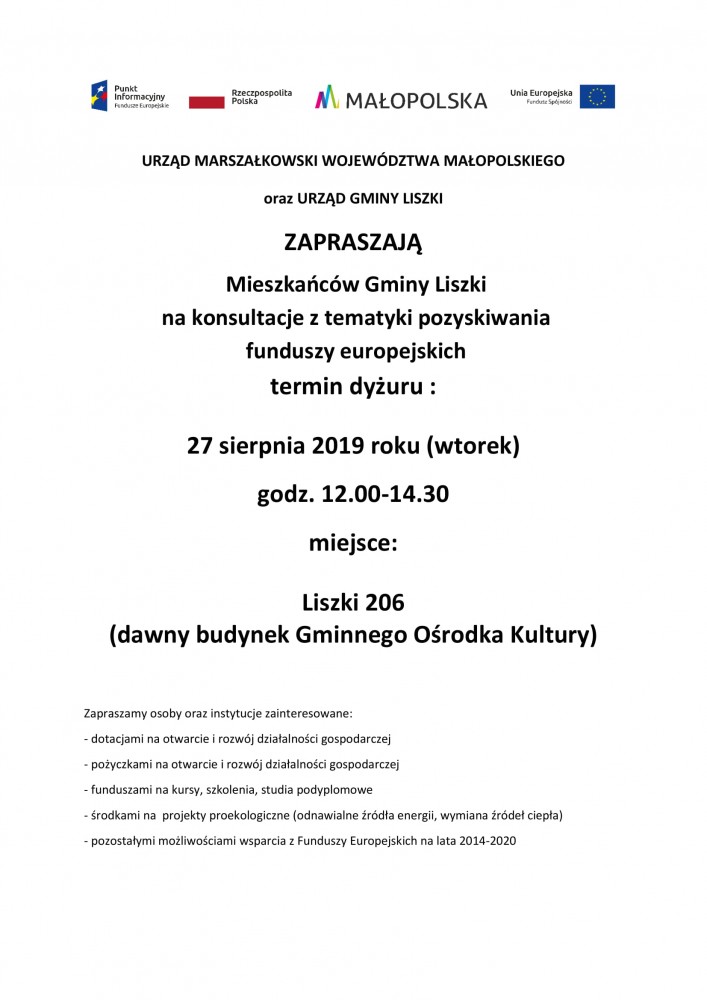 Konsultacje z tematyki pozyskiwania środków w godz. 12.00-14.30 już 27 sierpnia (wtorek) w dawnym budynku GOK - Liszki 206