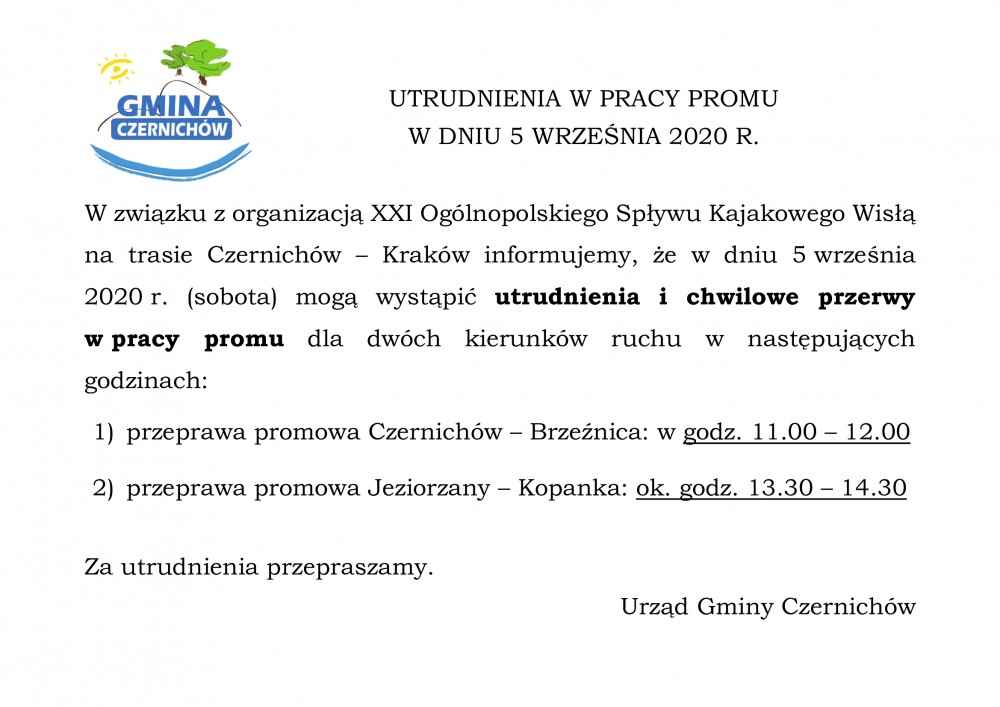XXI Ogólnopolski Spływ Kajakowy - utrudnienia w funkcjonowaniu promów